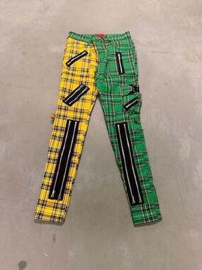 Tripp NYC Split Leg Plaid Bondage Pants in Green and Yellow
